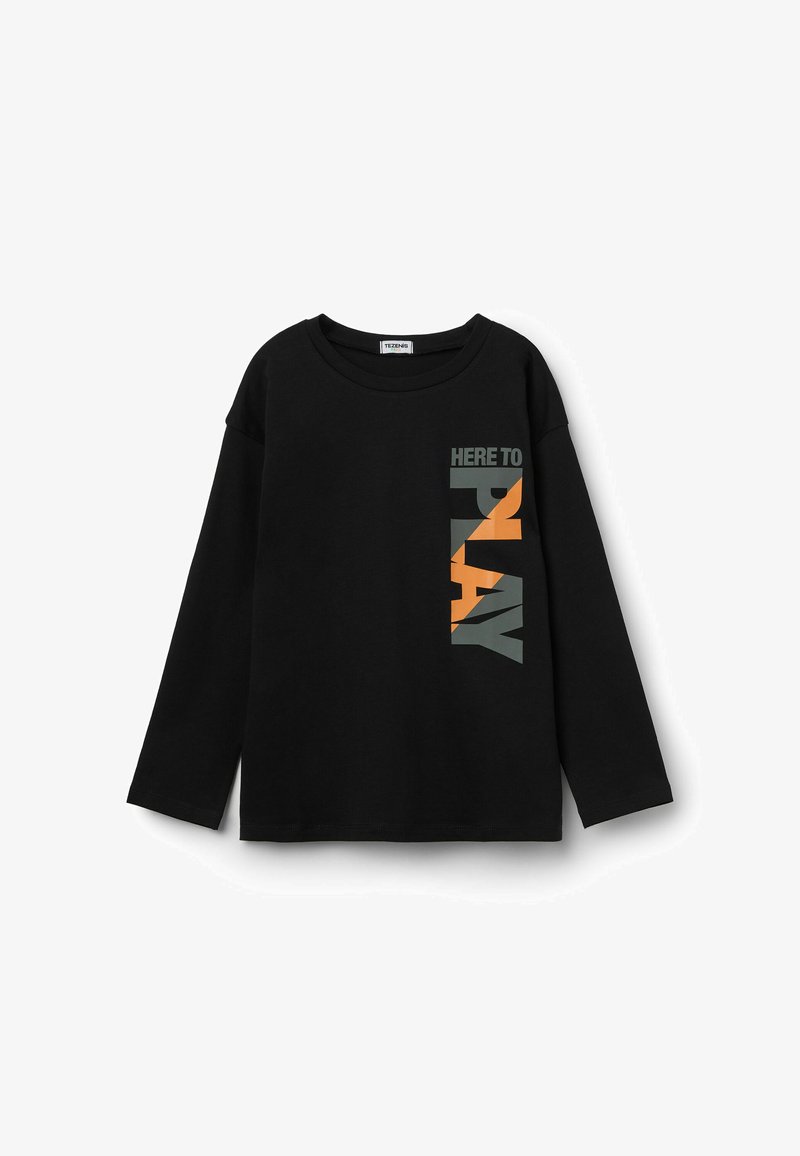 Czarna longsleevowa koszulka z bawełny, z grafika w odcieniach szaro-pomarańczowych z napisem "HERE TO PLAY" na przodzie.