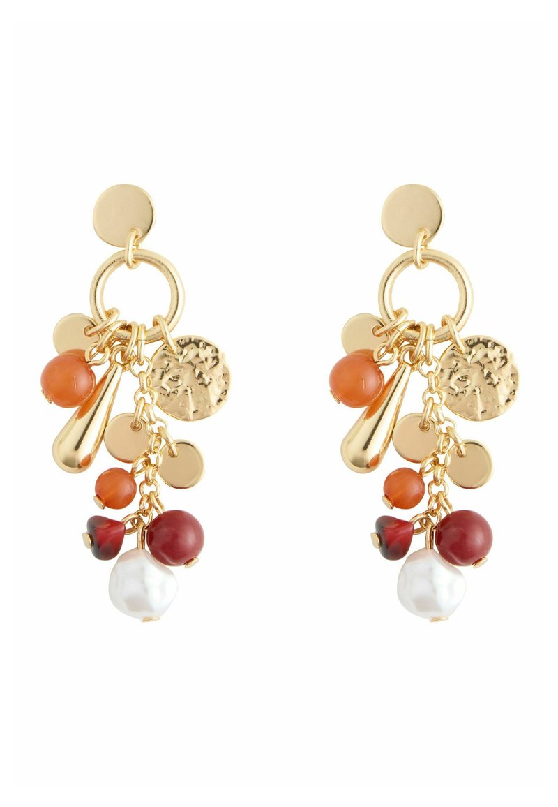Gold-tone earrings featuring a mix of textured metal and colorful beads in orange, red, and white. They have dangling elements and circular accents.