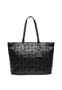 Borsa tote in pelle nera con motivo logo in rilievo, forma rettangolare, doppi manici e un piccolo tag con logo attaccato. Texture liscia in tutto.