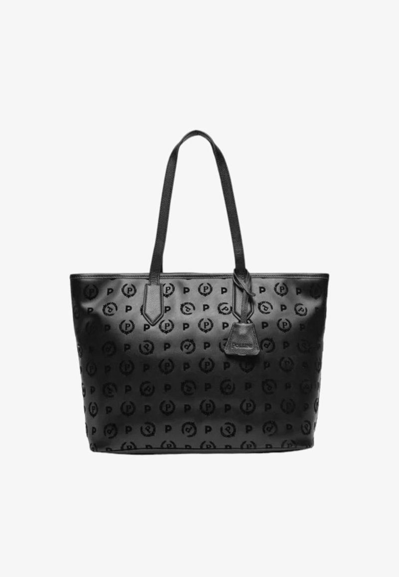 Borsa tote in pelle nera con motivo logo in rilievo, forma rettangolare, doppi manici e un piccolo tag con logo attaccato. Texture liscia in tutto.