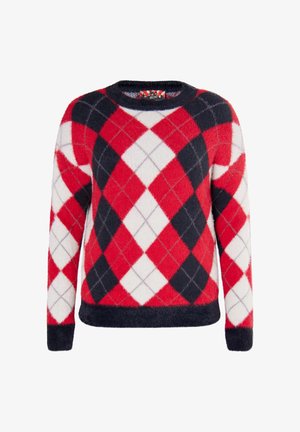 Rood, wit en marineblauw argyle-patroon trui gemaakt van zachte, fuzzy stof; heeft een ronde hals en geribbelde manchetten en zoom.