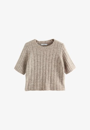 Korte mouwen, geribbelde trui in lichtbeige, met een ronde halslijn en zachte textuur, gemaakt van een comfortabele gebreide stof.
