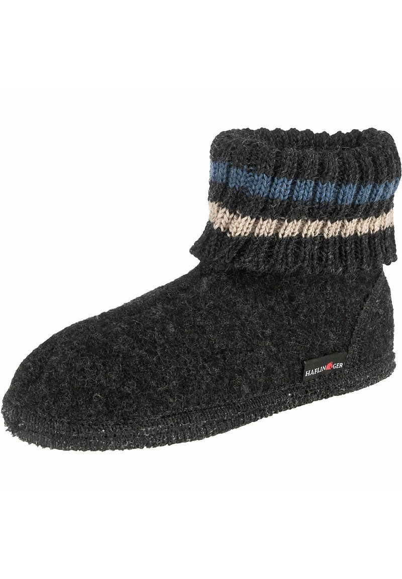 Black felt slipper with a knitted cuff. Cuff features blue and beige stripes. Soft texture and rounded toe design. Rubber sole for grip.