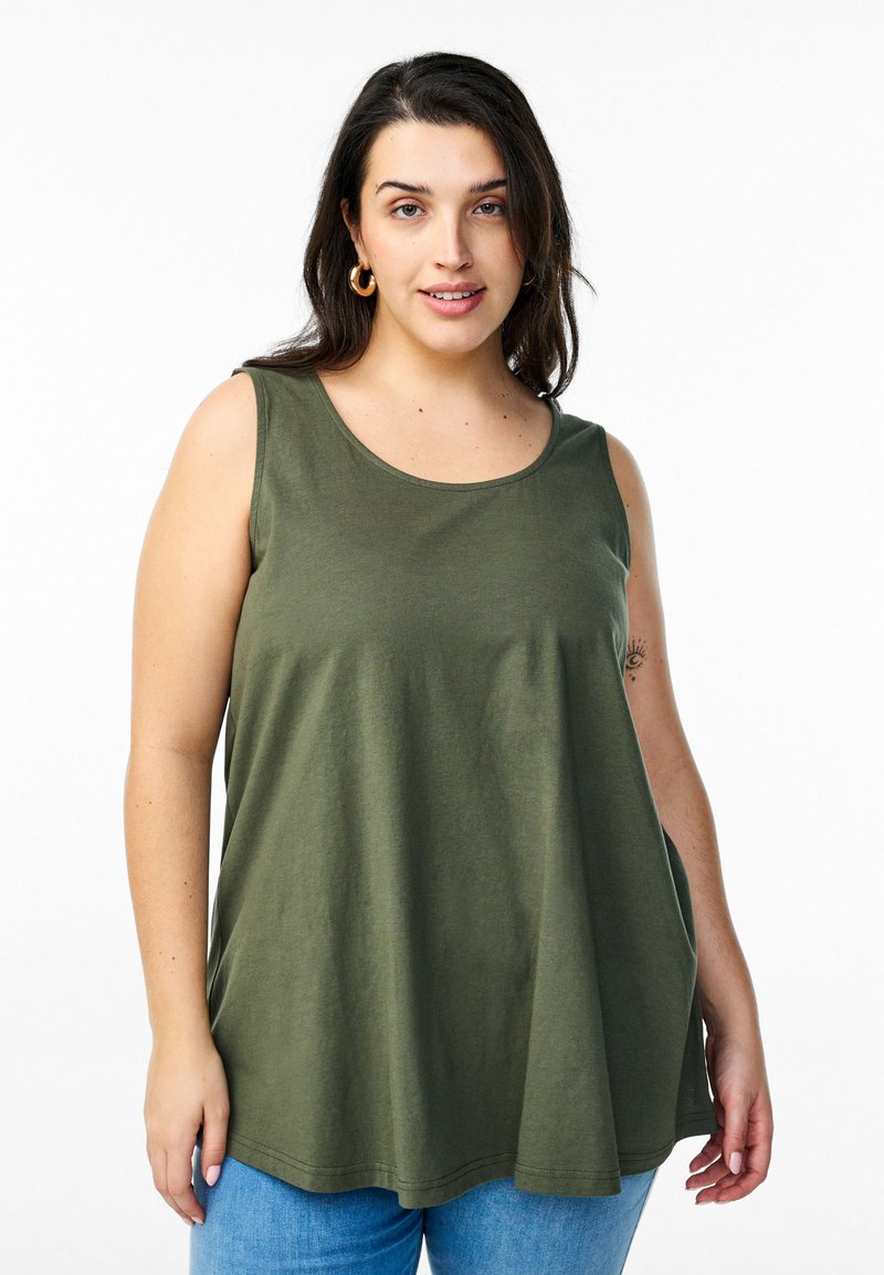 Olijfgroen, mouwloos tanktop van zachte stof met een ronde halslijn. Heeft een relaxte pasvorm en een gladde textuur.
