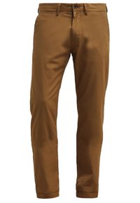 Braune Baumwollhose mit schmaler Passform, mit Reißverschluss und Knopfverschluss, vorderen Taschen und glatter Textur.