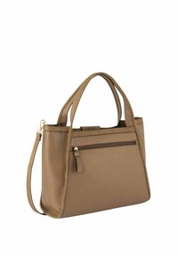 Mittelfarbene braune Ledertasche mit zwei Griffen, abnehmbarem Schultergurt und vordere Reißverschlusstasche auf weißem Hintergrund.