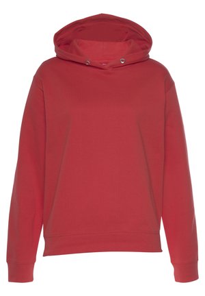 Roten Kapuzenpullover aus weichem Baumwollmix. Hat lange Ärmel, eine große Kängurutasche vorne und Metallösen an der Kapuze.