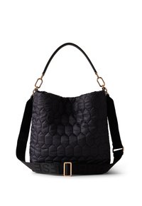 Black quilted hobo bag featuring a hexagonal pattern, a leather handle, gold hardware accents, and a logo-printed fabric strap.