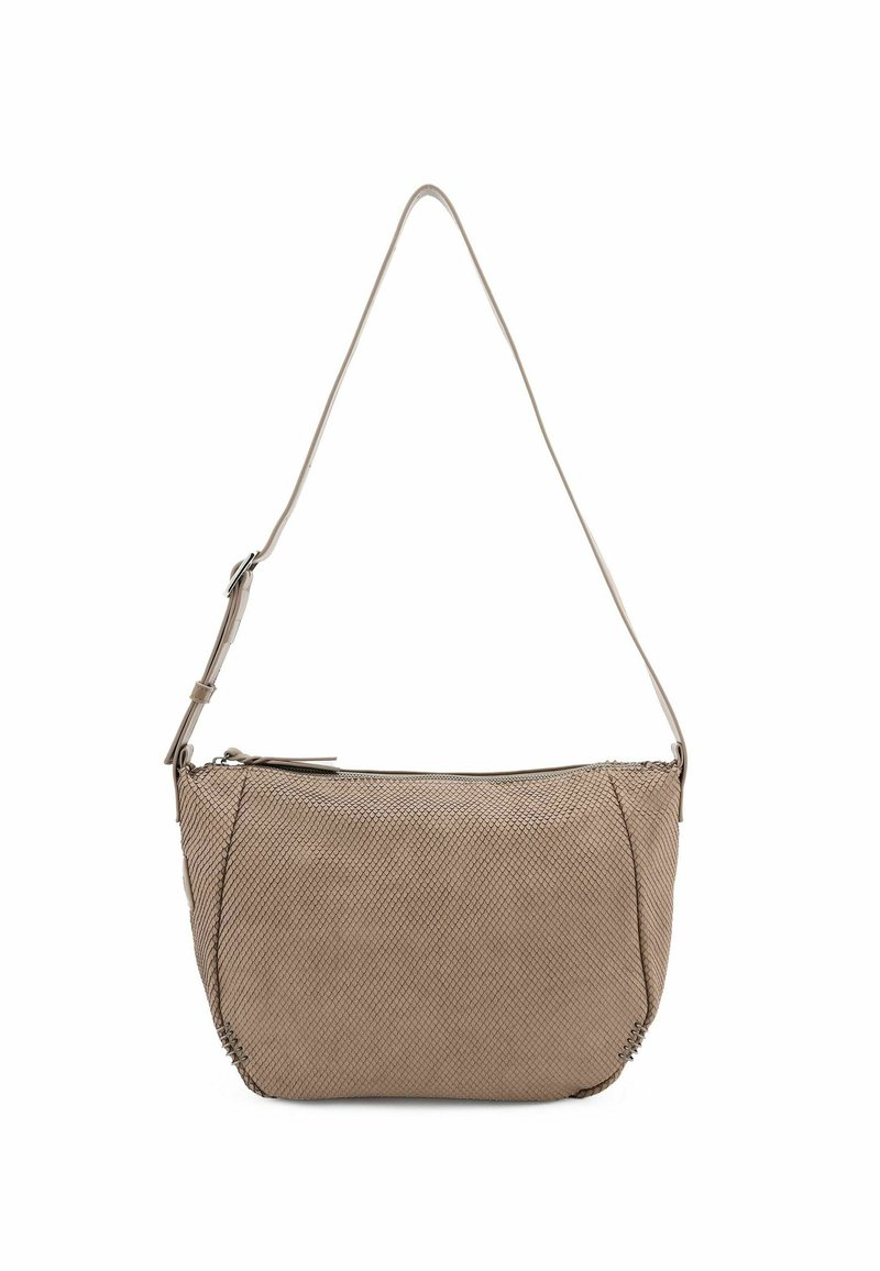Borsa a tracolla beige con texture e un sottile motivo a diamante, dotata di una singola tracolla regolabile e chiusura con zip superiore. Design compatto e dalla linea essenziale.