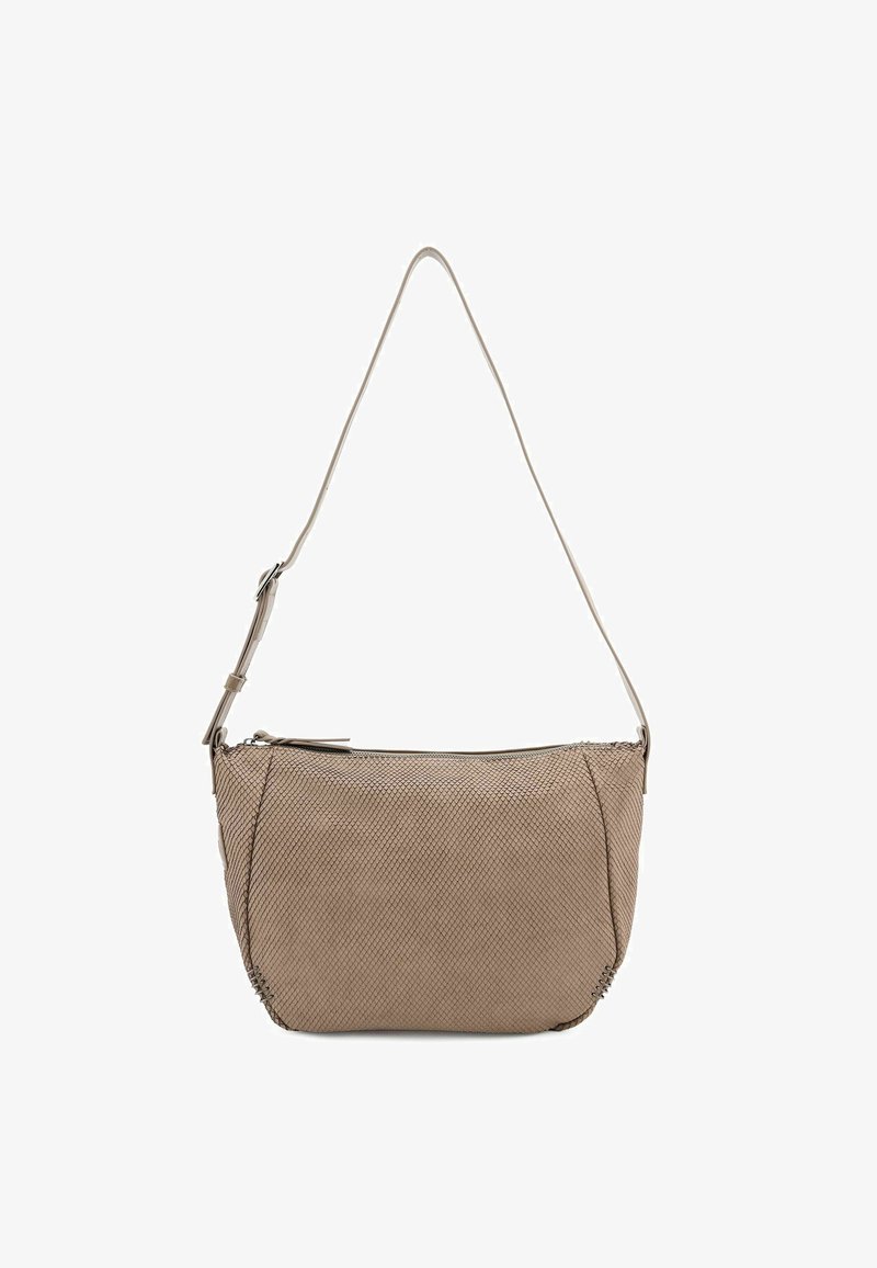 Borsa a tracolla beige con texture e un sottile motivo a diamante, dotata di una singola tracolla regolabile e chiusura con zip superiore. Design compatto e dalla linea essenziale.
