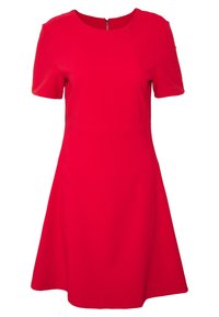 Rotes kurzärmliges Kleid mit rundem Ausschnitt, ausgestelltem Rock und Reißverschluss auf der Rückseite. Hergestellt aus glattem Stoff mit sauberem Finish.