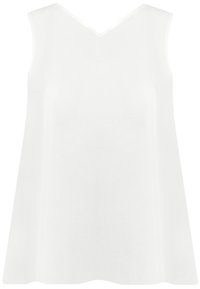Vitröja utan ärmar med V-ringning, tillverkad av slät tyg med en lös, utsvängd silhuett. Inga ytterligare mönster eller dekorationer.