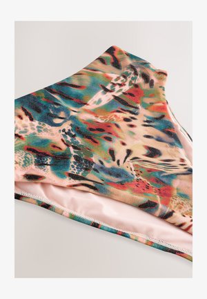 Flerfärgat tyg med abstrakta mönster i blå, rosa och gröna toner. Mjuk textur med ett slätt rosa foder och kontrasterande kanter.