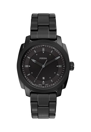 Schwarze Fossil-Uhr aus Edelstahl mit strukturiertem Lünettenring, gestreiftem Zifferblatt, silbernen Stundenmarkierungen, drei Zeigern und Datumsanzeige bei sechs Uhr.