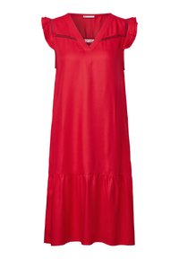 Czerwona sukienka z dekoltem w serek, krótkimi falbaniastymi rękawami oraz marszczonym dołem. Wykonana z gładkiego materiału z delikatnym koronkowym detalem u góry.