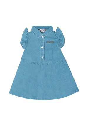 Abito in denim azzurro chiaro con maniche a sbuffo corte, colletto, chiusura a bottoni e gonna arricciata con logo "Moschino".
