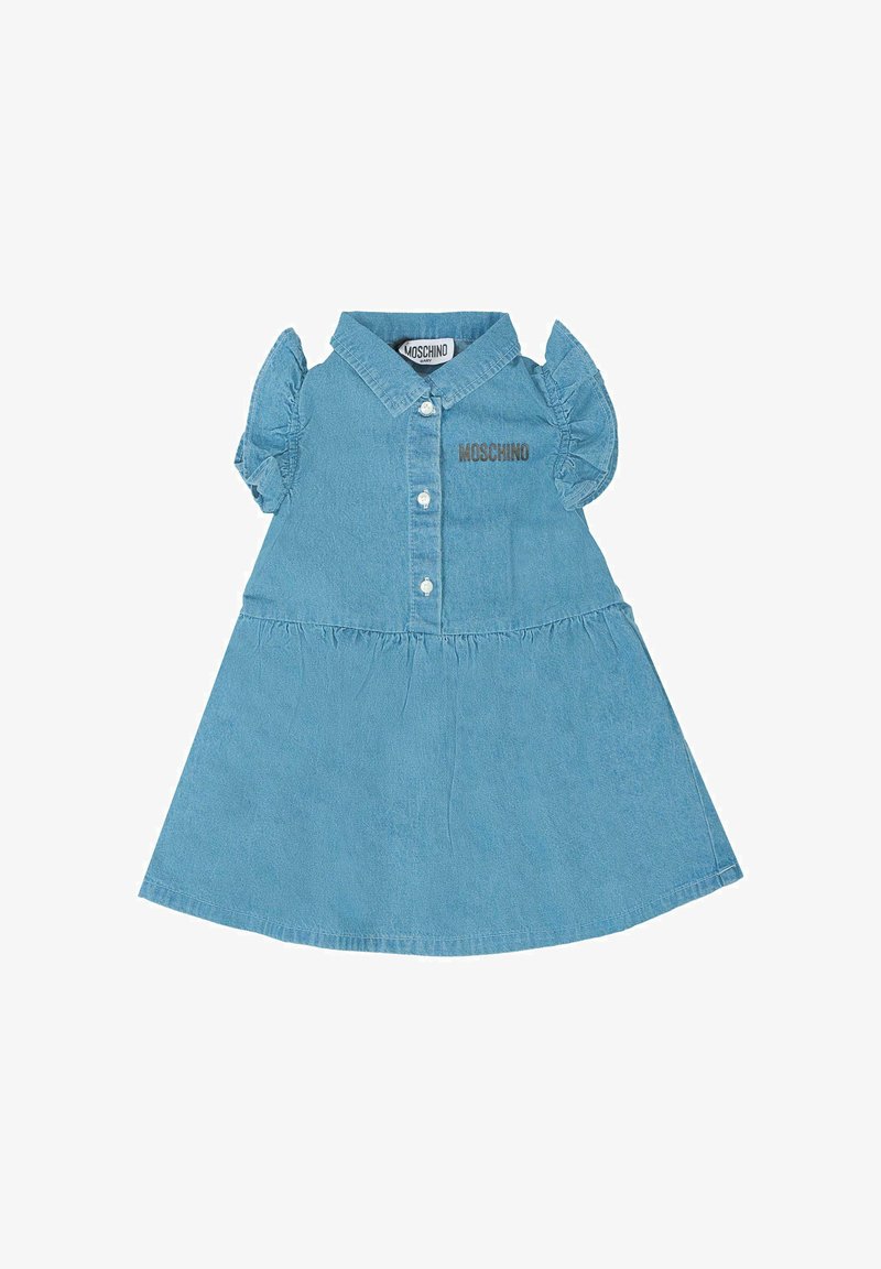 Abito in denim azzurro chiaro con maniche a sbuffo corte, colletto, chiusura a bottoni e gonna arricciata con logo "Moschino".