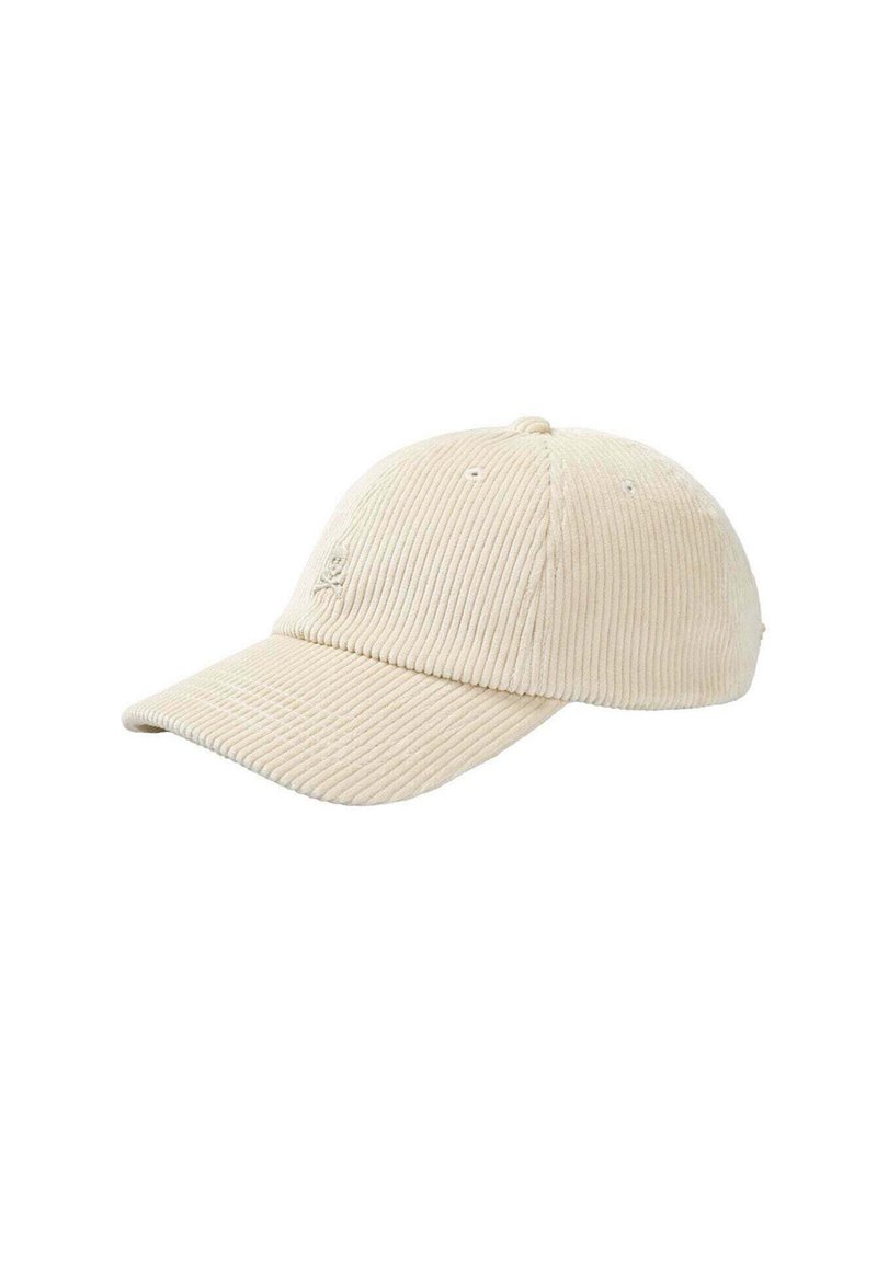 Gorra de pana en color beige claro con visera curva, que presenta un pequeño logo bordado en la parte delantera y seis ojales de ventilación.