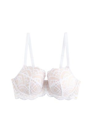 Witte kanten beugelbeha met verstelbare bandjes en geschulpte randen, met een geometrisch bloemmotief op de cups en band.