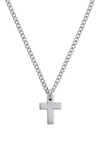 Collana in argento con un semplice pendente a croce lucido. La catena è realizzata con un design classico e una finitura liscia.