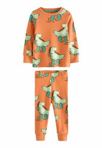 Oranges Zweiteiler-Pyjama-Set aus Baumwolle mit einem grünen Dinosaurierdruck. Lange Ärmel und Hosen mit gerippten Bündchen. Lässiges Design.