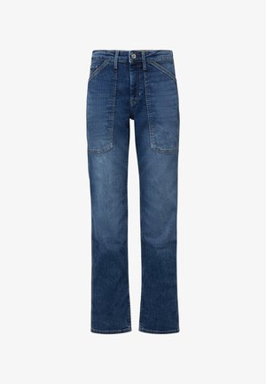 Jeans denim blu con design a gamba dritta, chiusura con bottoni e tasche frontali, caratterizzati da un lavaggio classico con sbiaditure minime e dettagli di cucitura.