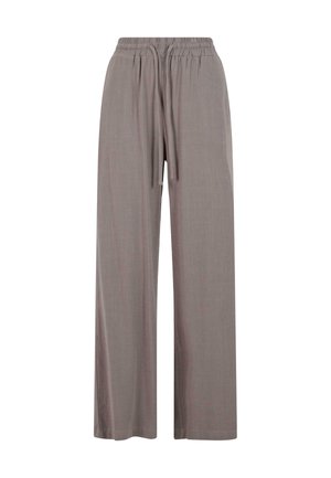 Pantaloni a gamba larga in tessuto grigio chiaro con vita elasticizzata e cordino. Texture liscia con dettagli minimi.