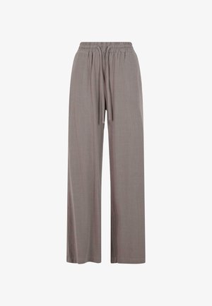 Weite Hose aus leichtem grauem Stoff mit elastischem Bund und Kordelzug. Glatte Textur mit minimalen Details.