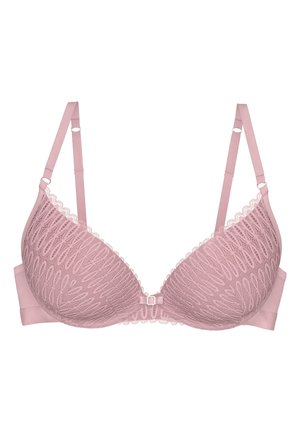 Różowy biustonosz z koronkowymi detalami, gładki materiał, dekolt w serek, regulowane ramiączka i mała kokardka na środku.