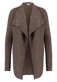 Cardigan marrone con motivo a spina di pesce, collo ampio, apertura frontale e maniche lunghe. Realizzato in tessuto strutturato per garantire calore.