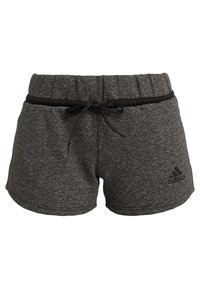 Shorts atléticos negros hechos de tela texturizada con una banda elástica en la cintura y cordón, con el logo de Adidas en la parte inferior izquierda.