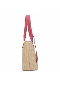 Bolsa de yute beige con un acabado texturizado, que presenta asas y detalles en piel rosa, y una silueta cónica. Detalle de correa ajustable.