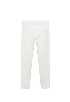 Witte denim jeans met een slim fit, vijf-pocket ontwerp en een metalen knoopsluiting. Glad textuur, iets taps toelopende broekspijpen en gestikte naden.