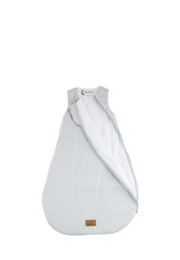 Grau schlafsack mit ärmellosem Design, glattem Baumwolläußeren, hellblauem Innenfutter mit dezenten Punkten und einem kleinen braunen Logoschildchen am Boden.