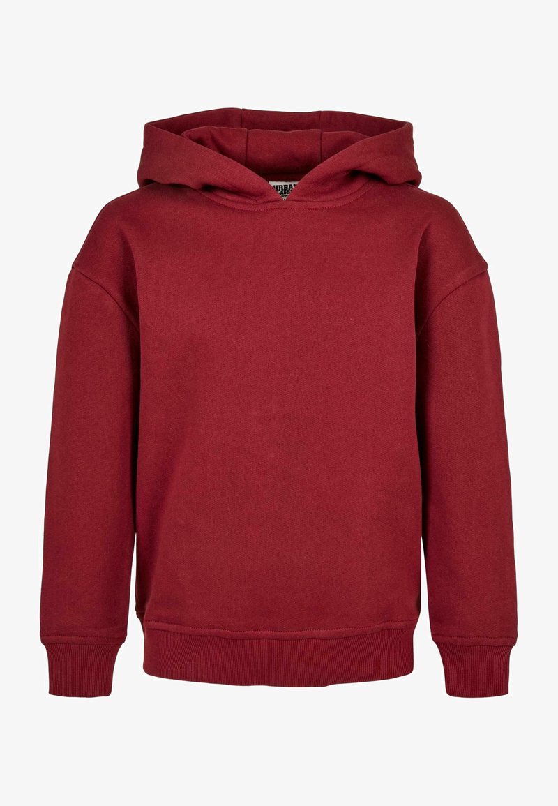 Sweat à capuche uni, manches longues, de couleur bordeaux, avec poche avant, poignets et ourlet côtelés, et capuche sans cordons.