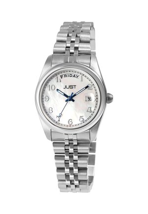 Stainless steel watch with a silver bracelet, white mother-of-pearl dial, blue hour and minute hands, and a date display.