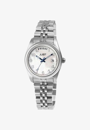 Stainless steel watch with a silver bracelet, white mother-of-pearl dial, blue hour and minute hands, and a date display.