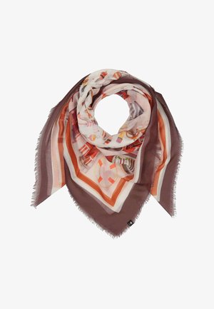 Quadratisches Tuch mit mehrfarbigen abstrakten Mustern und orangefarbenen, weißen sowie braunen Rändern, ausgefranste Kanten, zu einer kreisförmigen Form gefaltet.