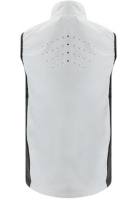 Mouwloos vest in het wit met zwarte zijpanelen, met een hoge kraag en ventilatiegaten op de rug voor ademend vermogen.