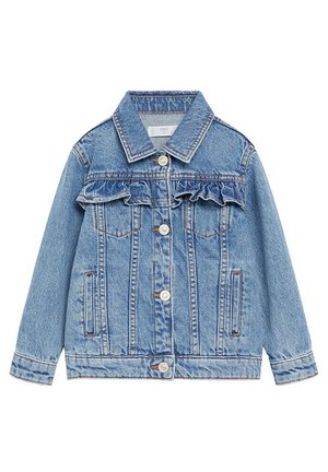 Jasnoniebieska kurtka dżinsowa z zapięciem na guziki z przodu, dwie boczne kieszenie, kołnierz oraz falbanka na wysokości klatki piersiowej.