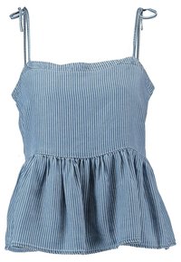 Randig blå peplumtop med tunna justerbara axelband, med en gängad midja och lätt bomullstyg. Loodräta ränder i varierande nyanser.