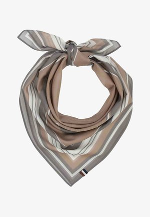 Square silk scarf with beige, gray, and white stripes tied in a loose knot with a small tricolor fabric tag on the corner.