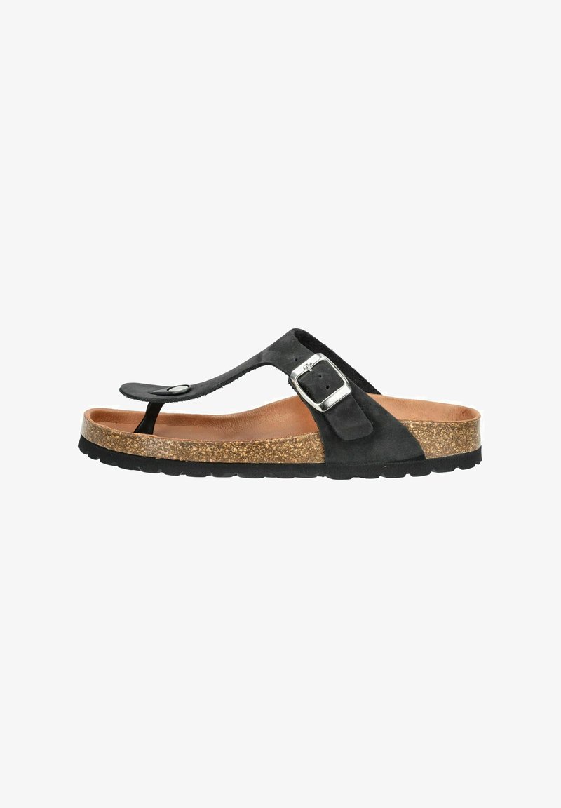 Black suede thong sandal with a silver buckle. Cork footbed and textured rubber sole for grip. Open-toe design and minimal accents.