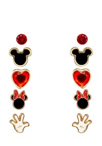 Orecchini in tonalità oro con forme di Topolino smaltate in nero e rosso, strass rossi e un motivo a mano bianca. Texture con finiture lisce e lucide.