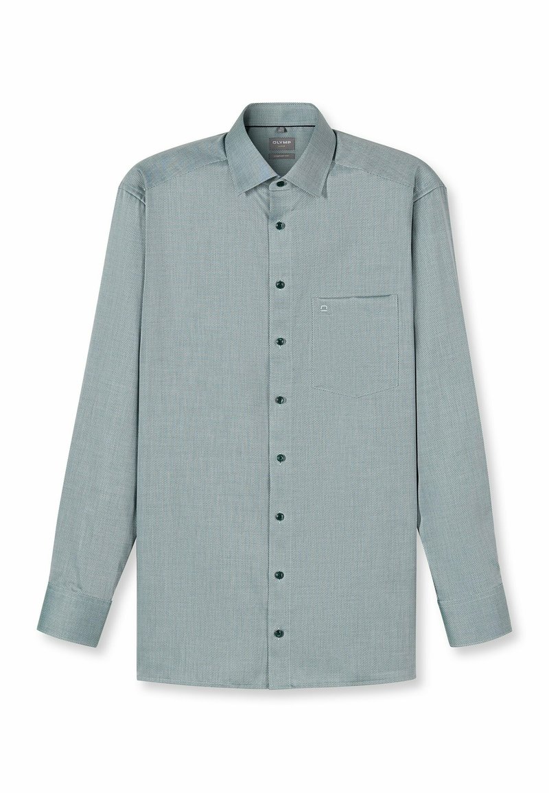 Hellgrünes langärmeliges Herrenhemd mit Knopfleiste, einzelner Brusttasche und spitzem Kragen auf weißem Hintergrund.