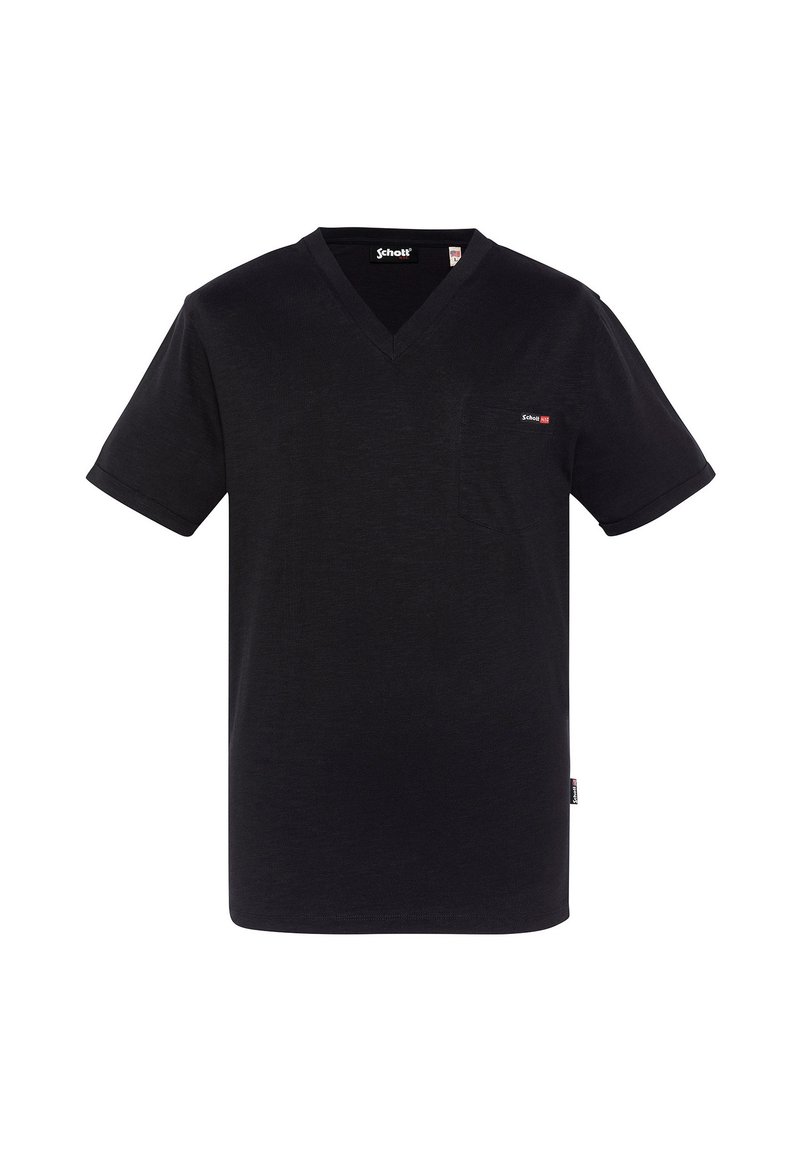 Czarny t-shirt z dekoltem w serek wykonany z miękkiej bawełny, z krótkimi rękawami i małym logo po lewej stronie klatki piersiowej. Gładka tekstura i luźny krój.