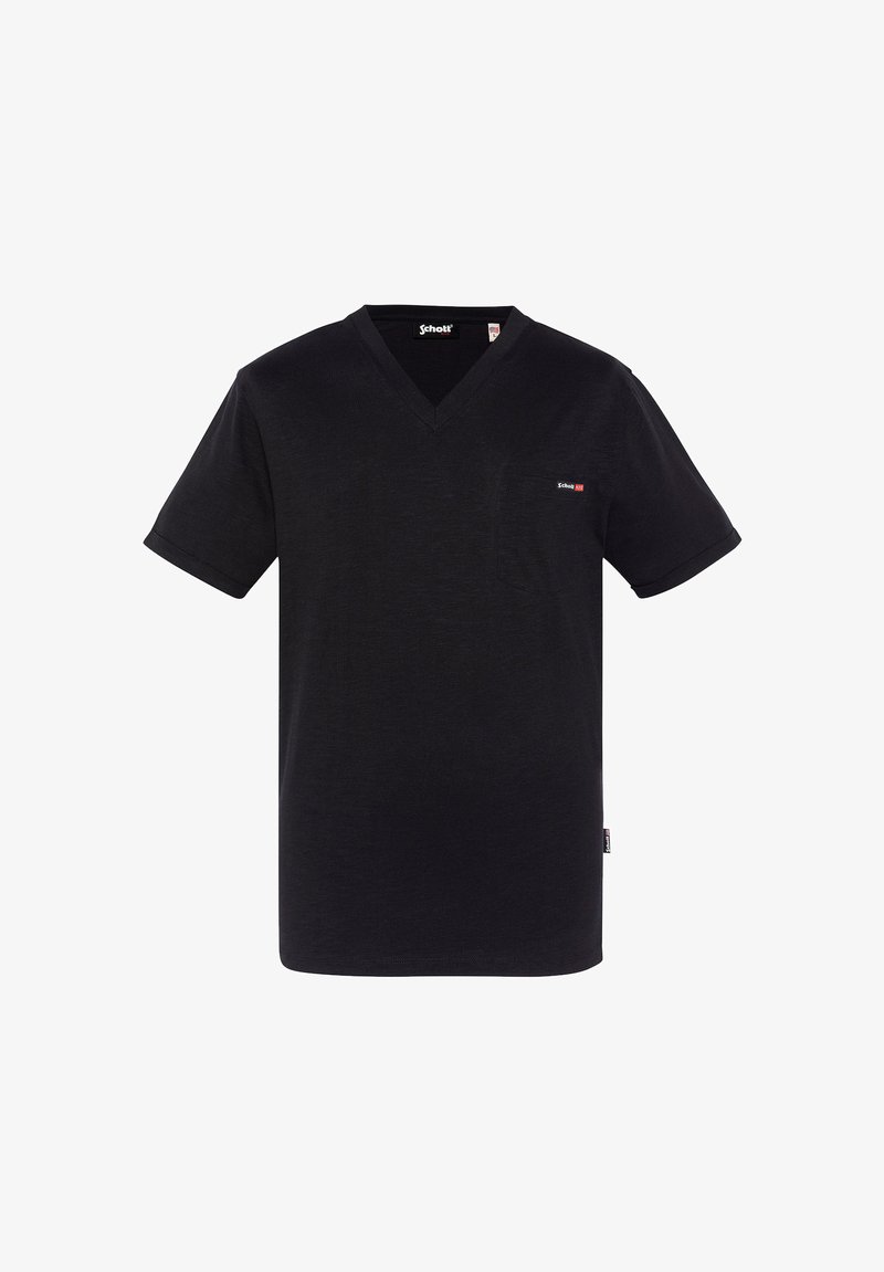 Czarny t-shirt z dekoltem w serek wykonany z miękkiej bawełny, z krótkimi rękawami i małym logo po lewej stronie klatki piersiowej. Gładka tekstura i luźny krój.