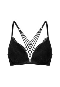 Zwarte kanten beha met padded cups, een strappy rugontwerp met gekruiste banden, bloemenpatroon en verstelbare schouderbanden.