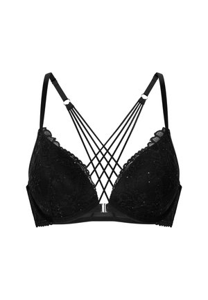 Zwarte kanten beha met padded cups, een strappy rugontwerp met gekruiste banden, bloemenpatroon en verstelbare schouderbanden.