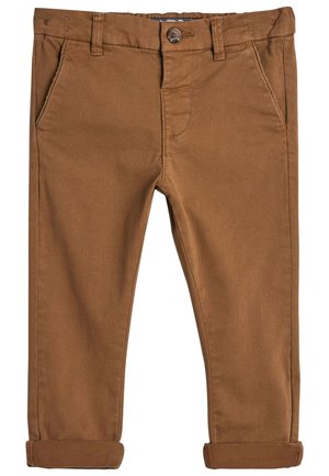 Brune slim-fit bukser med knap- og lynlås-lukning, forlommer i siden, bæltestropper og opsmøgede kanter.